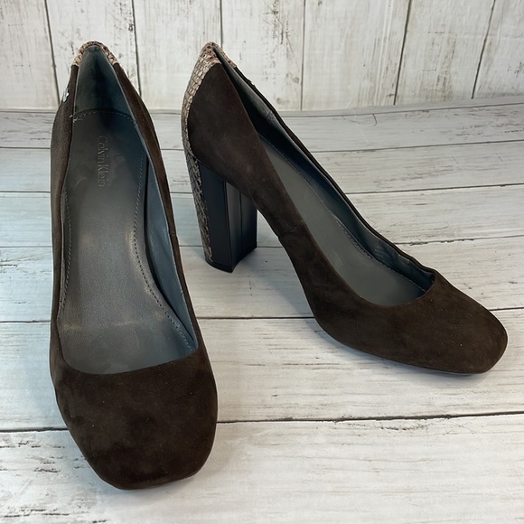 Calvin Klein Suede and Snakeskin Monicah Chunky Heel Pump - Picture 12 of 12
